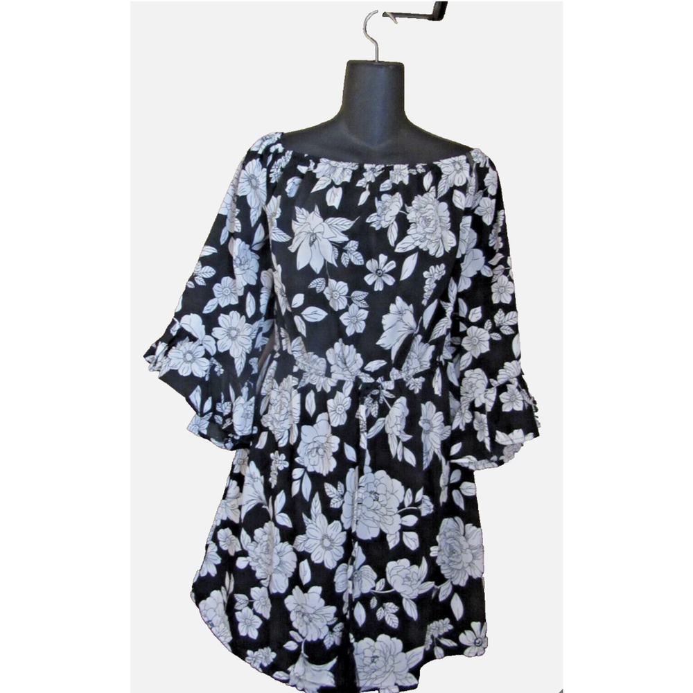 BLUSH Dress Black and White XL bell sleeve polyester floral off the shoulder NWT